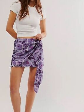 Free People Lavender Floral Ruched Asymmetric Mini Skirt